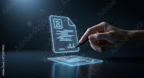 A hand uses a stylus to electronically sign a glowing, futuristic digital contract on a virtual interface.