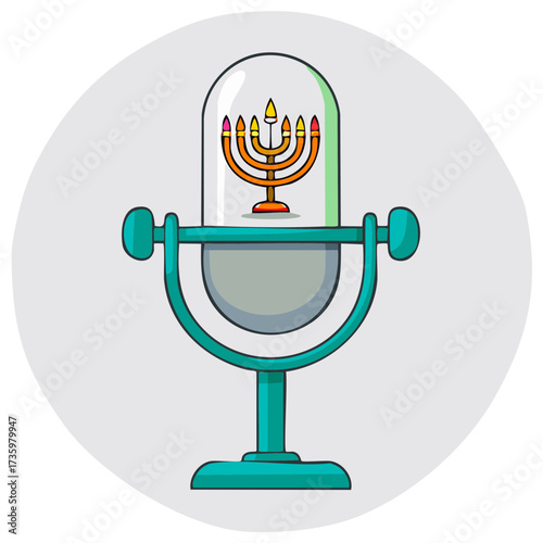 Stylized microphone with a menorah inside its capsule capturing sound