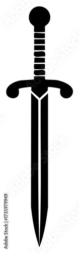 Stylized black silhouette of a medieval sword with a round pommel and crossguard