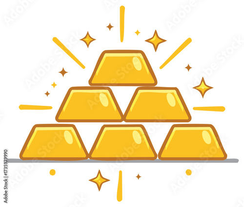 Shiny gold bars stacked in a pyramid arrangement sparkling with wealth and success in a vibrant illustration