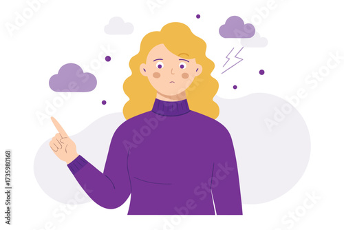 Anxious Woman with Blonde Hair and Purple Sweater Points Upward in Cloudy Weather