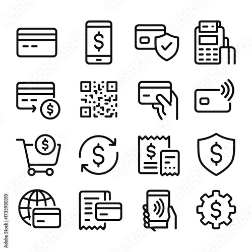 Mobile payment fintech vector icon collection. Outline symbols. Line design
