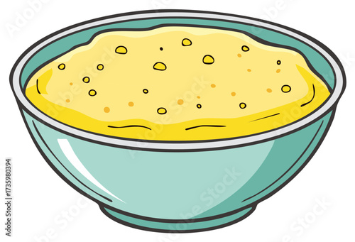 Cartoon bowl of creamy yellow porridge with small lumps and a light blue rim