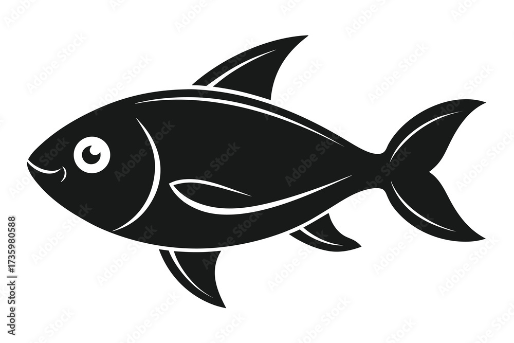 Obraz premium Black and White Illustration of Fish Silhouette with Dorsal, Pectoral and Caudal Fins
