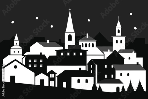 Black and White Silhouette of Village with Church, Houses, and Moonlight on Hillside