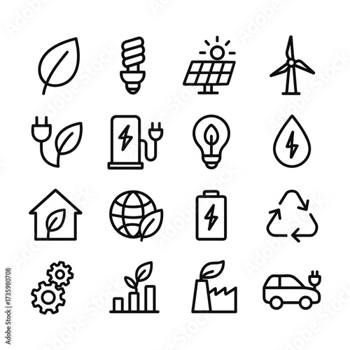 Renewable energy icons vector set. Outline symbols. Line design