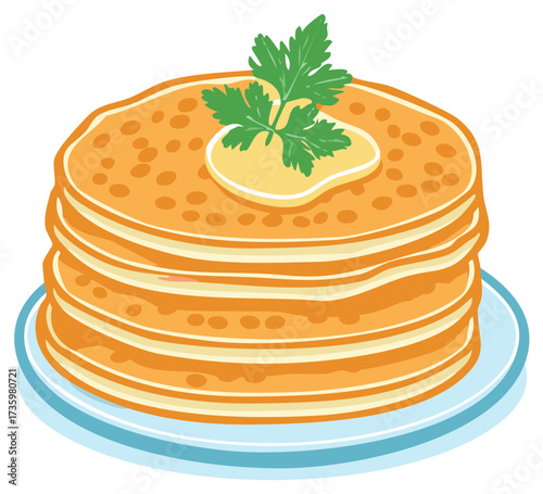 Stack of Golden Pancakes Topped with Melted Butter and Fresh Garnish on a Plate Illustration
