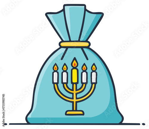 Blue gift bag with golden menorah and lit candles symbolizing Hanukkah celebration