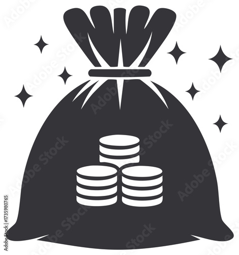 Money bag with coin stacks and shining stars symbol for financial success prosperity and wealth