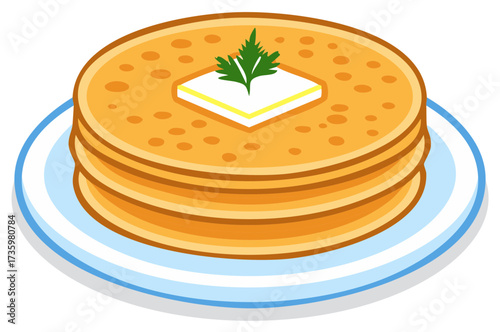A stack of traditional blini pancakes with melting butter and a sprig of parsley on a plate