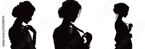 Three graceful silhouettes of women are seen against a bright background, each in a different pose while adjusting their hair, conveying elegance and femininity.