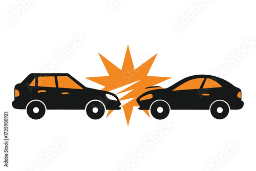 Black Car Collision Illustration Isolated Car Crash with Orange Impact Symbol