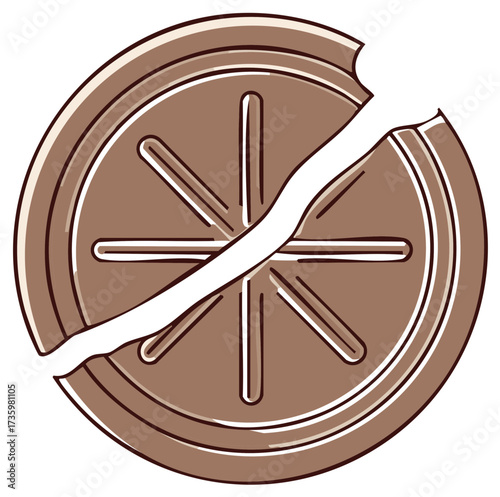 Broken round object with spokes and outer ring in brown and white graphic style