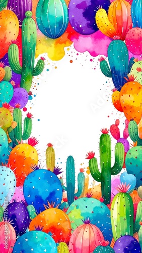 Wallpaper Mural A vibrant watercolor background featuring various cacti in shades of green and earthy tones, providing ample space for personalized text or messages. Torontodigital.ca