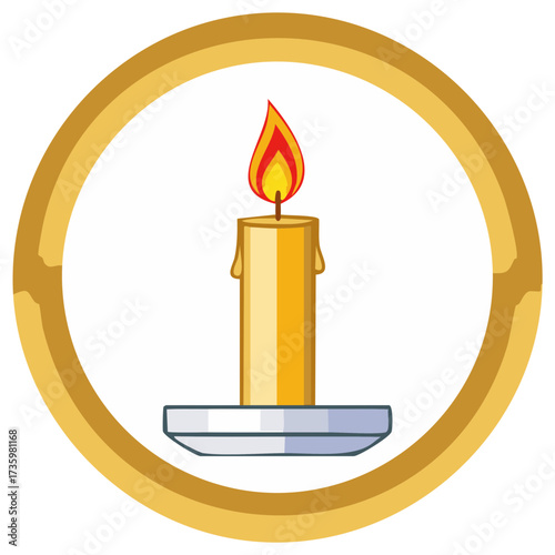 Burning candle in a golden circle emblem with wax drips