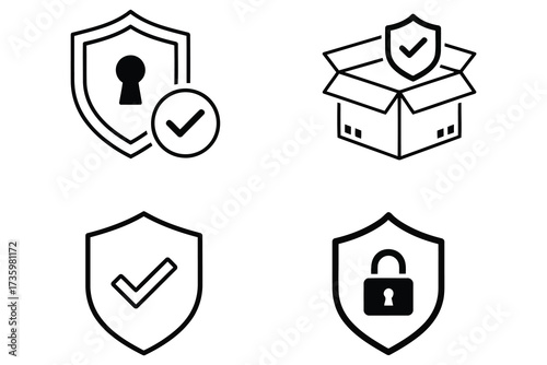 Vector art of set of four black and white shield icons representing security and protection, ideal for business, finance, and data protection themes