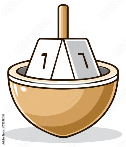 A dreidel with Hebrew letters Nun and Gimel visible, symbolizing a game or holiday celebration.