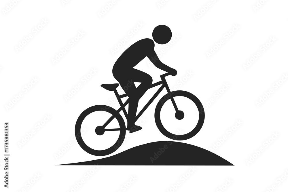 Naklejka premium Black Silhouette of Person Riding Mountain Bike Over Hill, Isolated on White Background