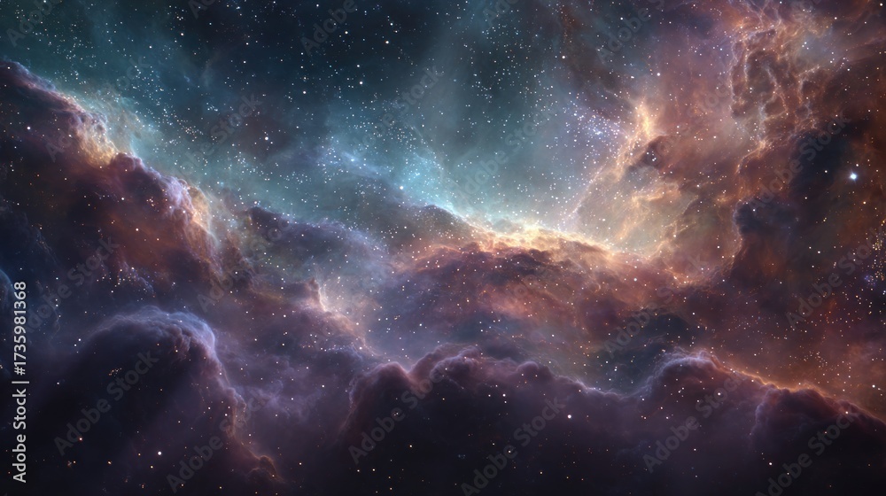 Fototapeta premium Realistic outer space storm background, scientifically accurate nebula clouds with plasma bursts, authentic star field and galactic core, high-resolution astrophotography style, natural cosmic colors.