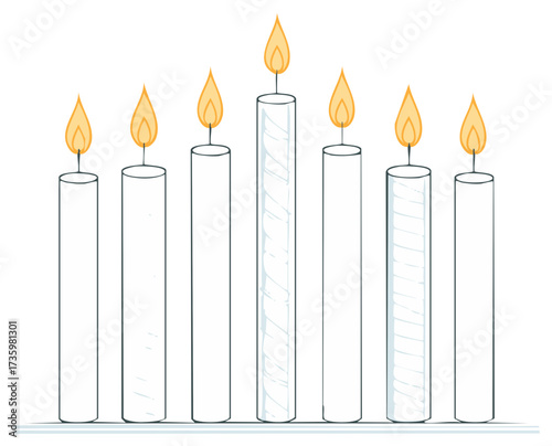 Seven white lit candles with glowing flames representing spirituality and ancient traditions