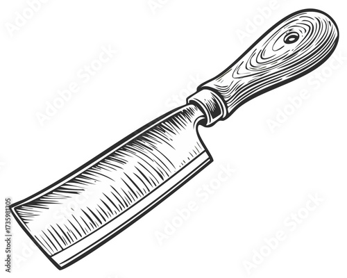 Vintage style illustration of a kitchen cleaver butcher knife with wooden handle.