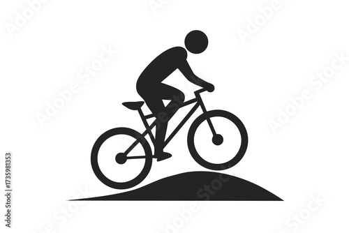 Black Silhouette of Person Riding Mountain Bike Over Hill, Isolated on White Background