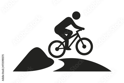 Black Silhouette of Mountain Biker Riding Downhill Over a Trail on White Background
