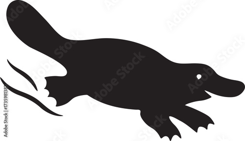 Platypus swimming silhouette icon, unique aquatic mammal vector for wildlife designs.