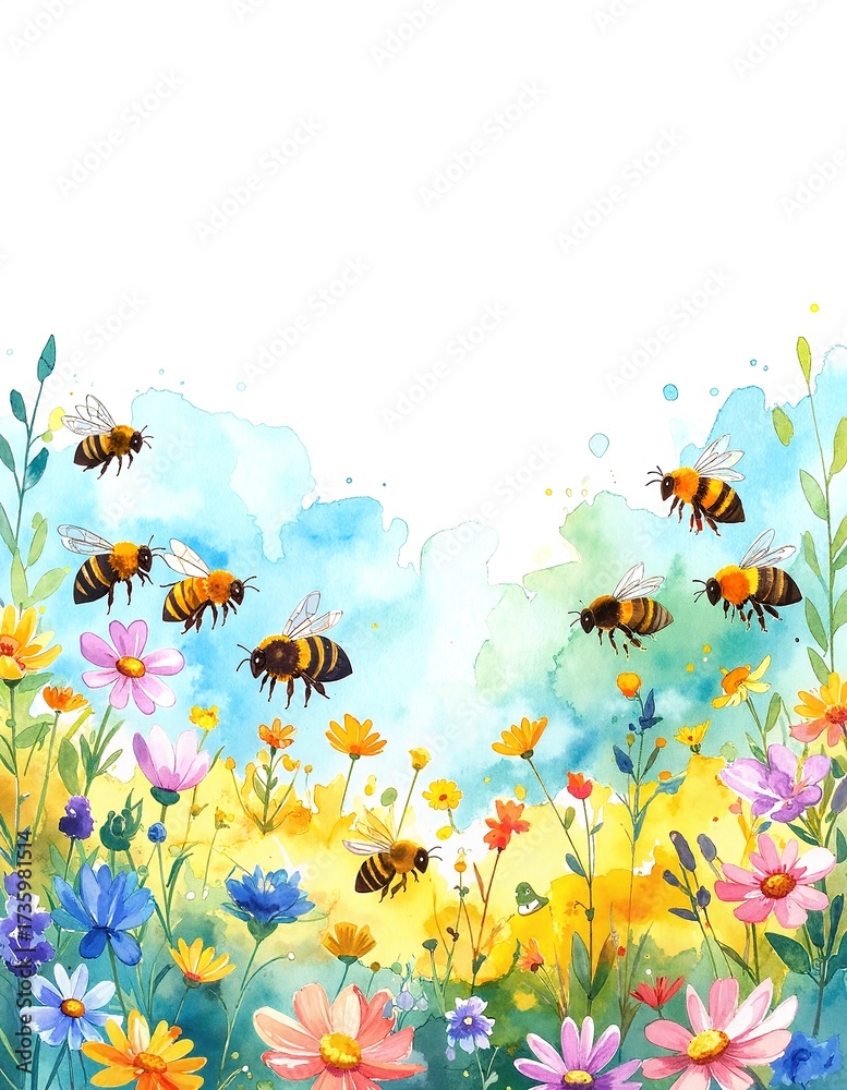 Fototapeta premium A vibrant watercolor painting featuring an array of delicate flowers in soft pastel hues, with busy bees fluttering around, adding life and movement.