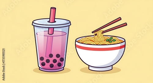 Illustration of a pink bubble tea and a bowl of ramen noodles with chopsticks