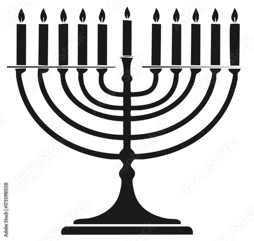 Hanukkah menorah with lit candles in a simple monochromatic drawing and a vector graphic illustration