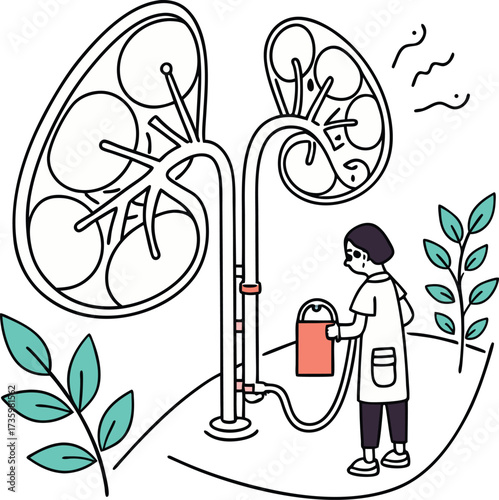 Stylized kidney dialysis illustration for medical education, healthcare awareness, and kidney disease prevention, ideal for informational graphics