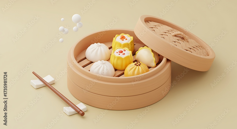 Fototapeta premium Delicious dim sum dumplings steamed in bamboo basket with chopsticks