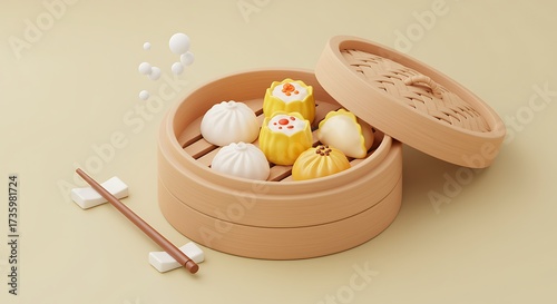Delicious dim sum dumplings steamed in bamboo basket with chopsticks