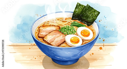 Watercolor illustration of a delicious bowl of ramen noodles with pork and egg