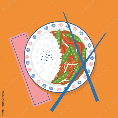 The plate is white with a blue and pink floral pattern around the rim