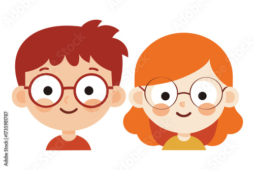 Cartoon Boy and Girl with Glasses, Smiling Happy Faces, on White Background Illustration