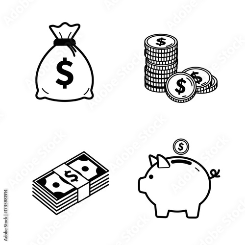 Collection of Taxes themed icons: Money Bag with Dollar Sign, Coins, Banknotes, Piggy Bank