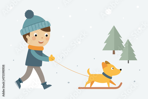 Cartoon Boy Walking Dog Sledding in Winter Landscape with Snow Falling