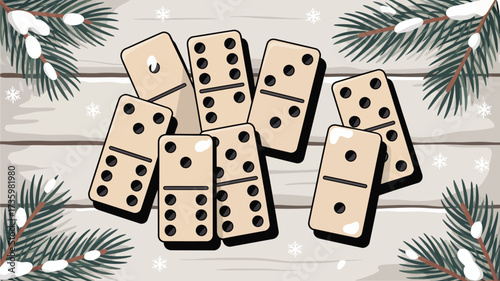 A collection of dominoes scattered on a wooden surface with snowy pine branches around the edges