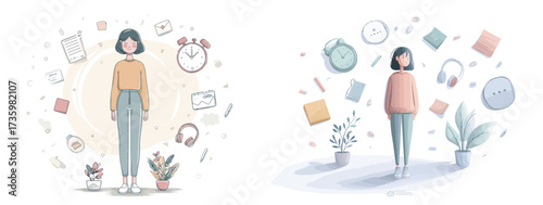 A young woman stands confidently among clocks, plants, and notes, illustrating themes of productivity, organization, and a balanced lifestyle.