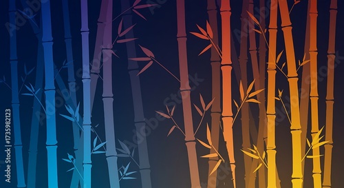 Abstract gradient bamboo forest with blue and orange light