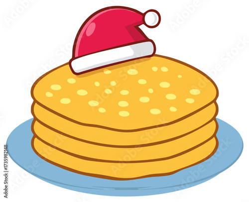 Stack of festive pancakes wearing a Santa hat on a plate