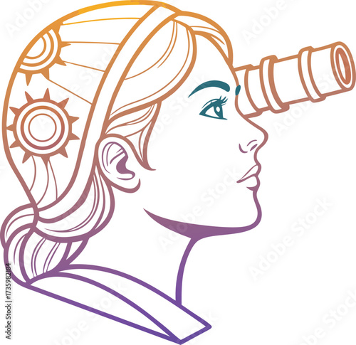 Visionary woman looks ahead with telescope, symbolizing future focus, strategic foresight, and innovative leadership, inspiring creativity and imagination