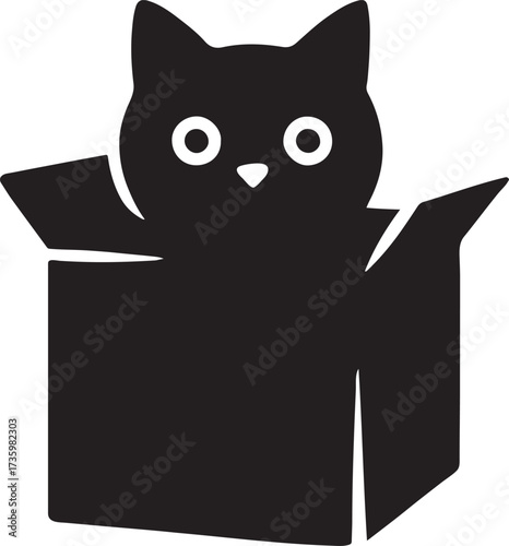 Cat hiding inside a box silhouette, playful feline vector for pet and creative designs.