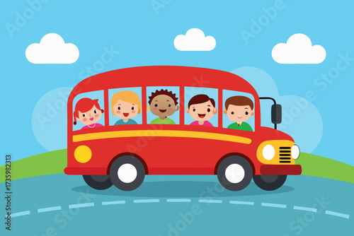 Cartoon Children Riding in a Red School Bus Under a Bright Blue Sky With Clouds
