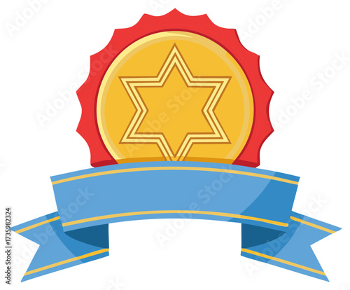 Emblem with Star of David Decoration on Ribbon Banner in Blue and Red color scheme, Holiday event, Celebration