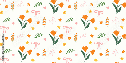 Coquette floral trellis seamless pattern with bows and ribbons. Preppy spring summer hand drawn flowers. Botanical elegant trendy. Vintage pattern for fabric, wallpaper, decor, background, paper