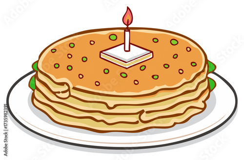 Stacked pancakes with a burning birthday candle and festive green dots vector illustration