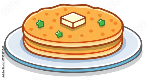 Classic breakfast pancakes with butter and green star garnish served on a plate vector art
